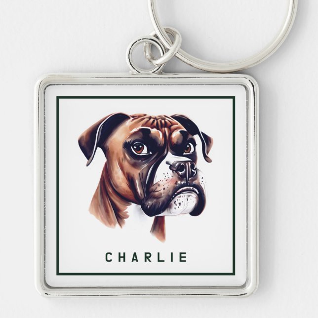 Dapper Boxer Pup Personalised Key Ring (Front)