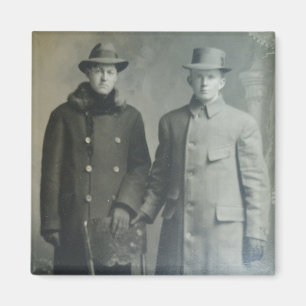 Dapper Brothers in Overcoats RPPC B&W Photo Image Magnet