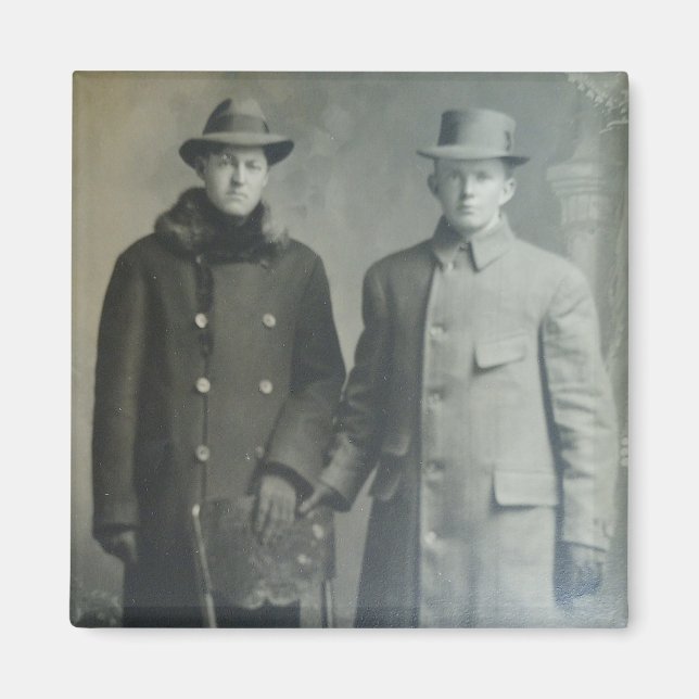 Dapper Brothers in Overcoats RPPC B&W Photo Image Magnet (Front)