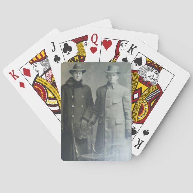 Dapper Brothers in Overcoats RPPC B&W Photo Image Playing Cards (Back)