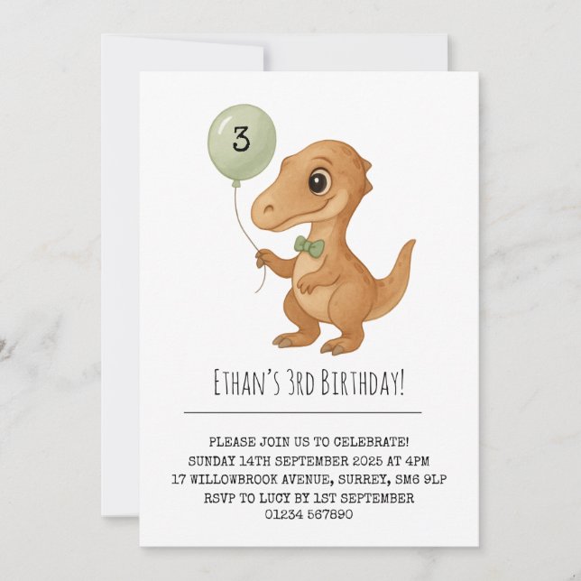 Dapper Brown Dino with Green Bow Tie Birthday Invitation (Front)