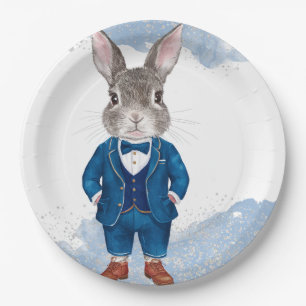 Dapper Bunny in a Blue Suit Boy and Bowtie Birthda Paper Plate
