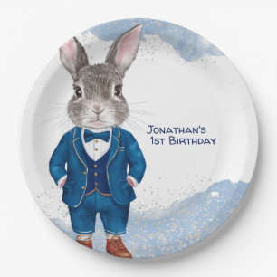 Dapper Bunny in a Blue Suit Boy and Bowtie Birthda Paper Plate