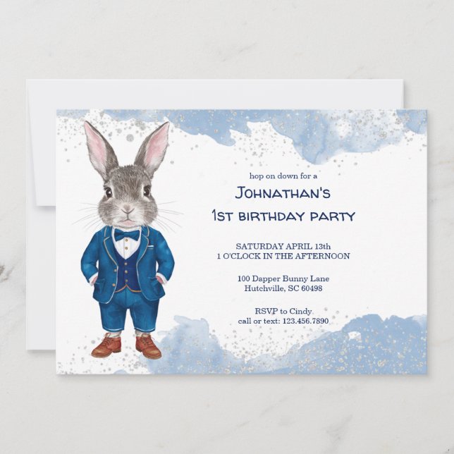 Dapper Bunny in a Blue Suit Boy Birthday Party Invitation (Front)