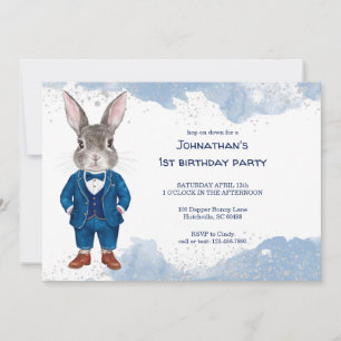 Dapper Bunny in a Blue Suit Boy Birthday Party Invitation