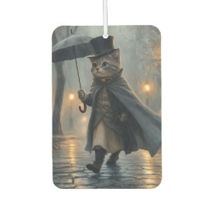 Dapper Cat Strolling in the Rain with an Umbrella Car Air Freshener