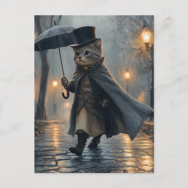 Dapper Cat Strolling in the Rain with an Umbrella Postcard (Front)