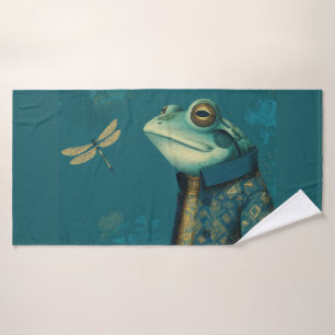 Dapper Frog & Dragonfly - Surreal Vintage Animal Bath Towel