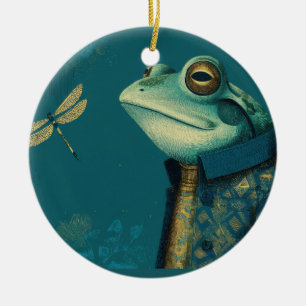 Dapper Frog & Dragonfly - Surreal Vintage Animal Ceramic Tree Decoration