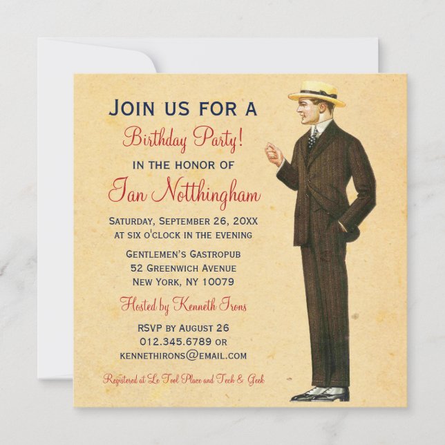 Dapper Gentleman's Birthday Party Invitations (Front)