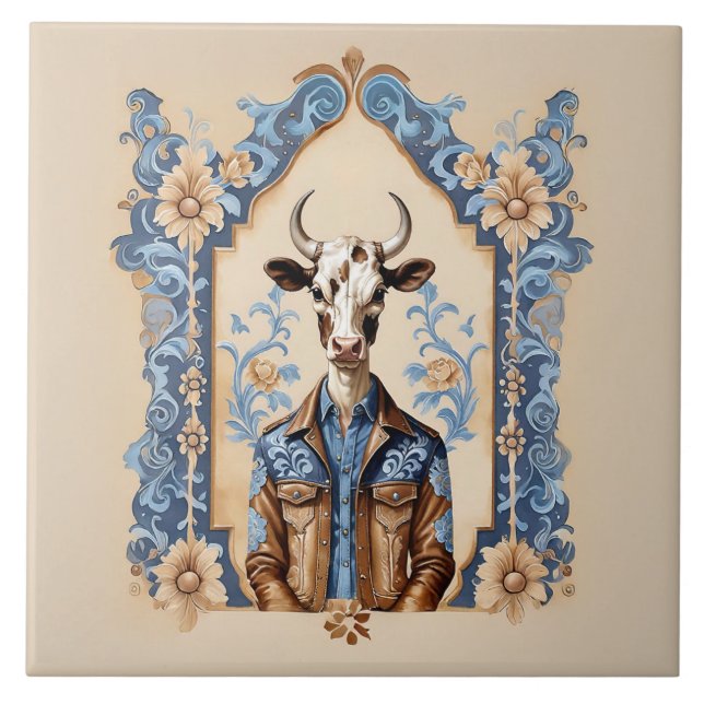Dapper Old Wild West Cowboy Funny Cow Art Tile (Front)