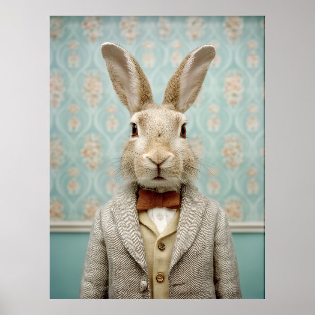 Dapper Rabbit Portrait Vintage Style Poster (Front)