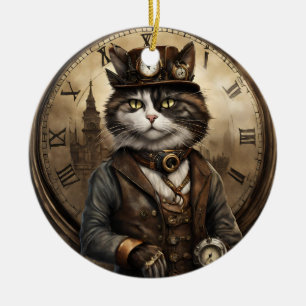 Dapper Steampunk Calico Cat Ceramic Tree Decoration