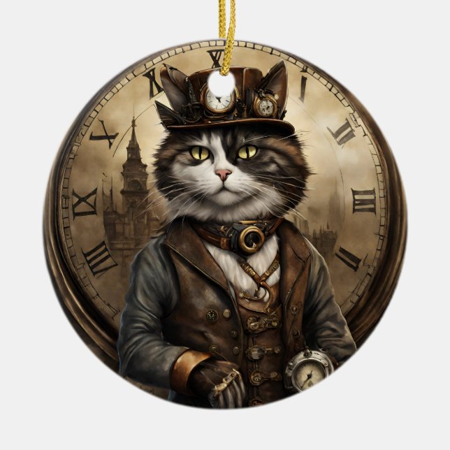  Dapper Steampunk Calico Cat Ceramic Tree Decoration (Front)