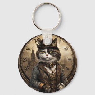 Dapper Steampunk Calico Cat Key Ring