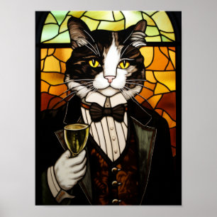 Dapper Tuxedo Cat Stained Glass Style Poster