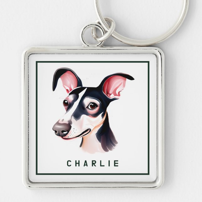 Dapper Whippet Pup Personalised Key Ring (Front)