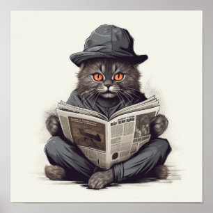 Dapper Whiskers: Suited Cat Reading the Newspaper Poster