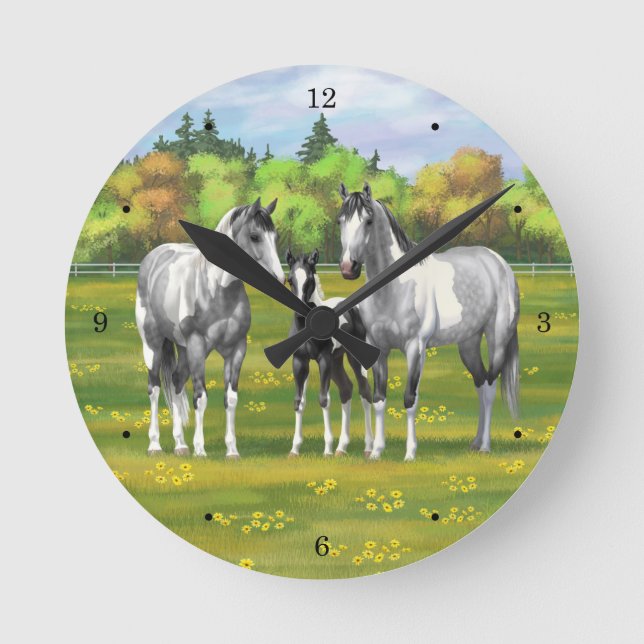 Dapple Gray Pinto Paint Horses In Summer Pasture Round Clock (Front)