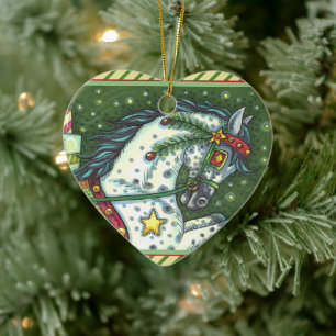 DAPPLE GREY IN A ONE HORSE OPEN SLEIGH, COLORFUL CERAMIC TREE DECORATION