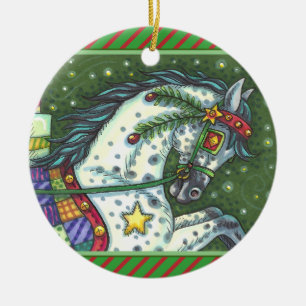 DAPPLE GREY IN A ONE HORSE OPEN SLEIGH, COLORFUL CERAMIC TREE DECORATION