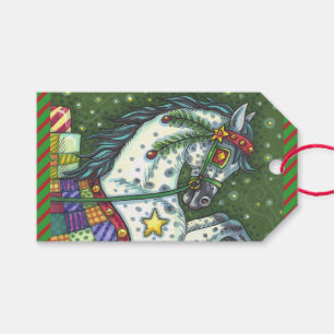 DAPPLE GREY IN A ONE HORSE OPEN SLEIGH, COLORFUL GIFT TAGS