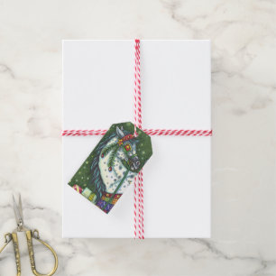 DAPPLE GREY IN A ONE HORSE OPEN SLEIGH, COLORFUL GIFT TAGS