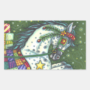 DAPPLE GREY IN A ONE HORSE OPEN SLEIGH, COLORFUL RECTANGULAR STICKER
