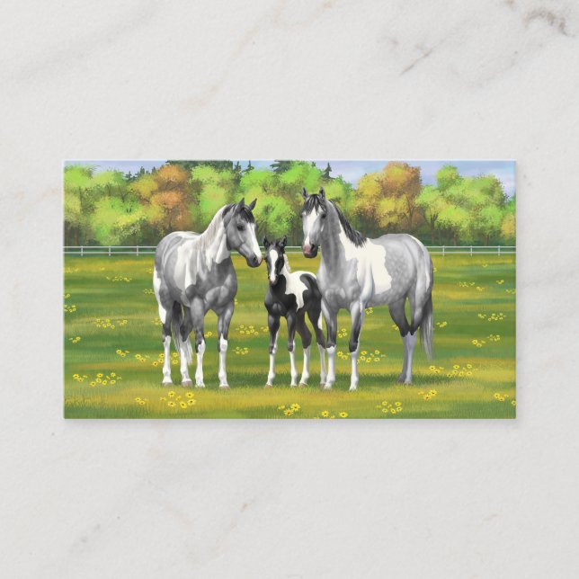 Dapple Grey Pinto Paint Horses In Summer Pasture Business Card (Front)
