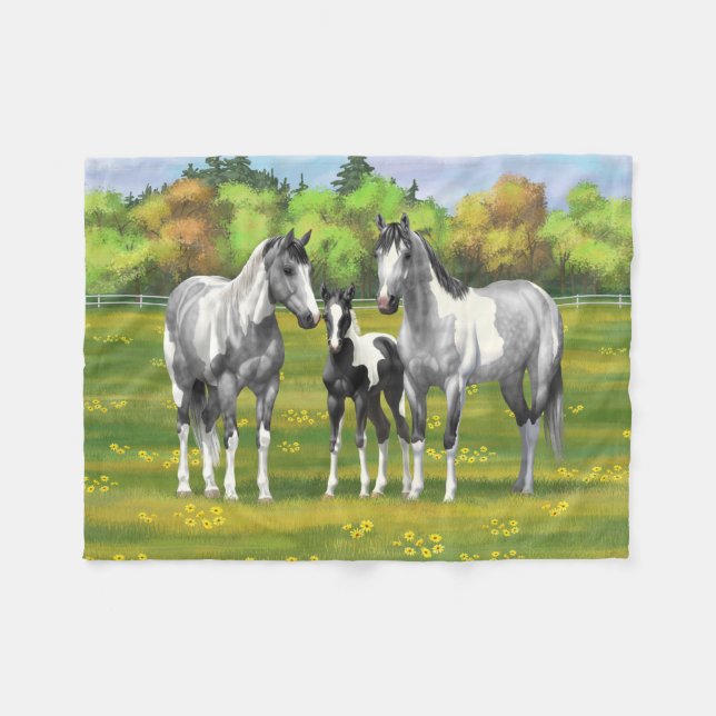 Dapple Grey Pinto Paint Horses In Summer Pasture Fleece Blanket (Front (Horizontal))