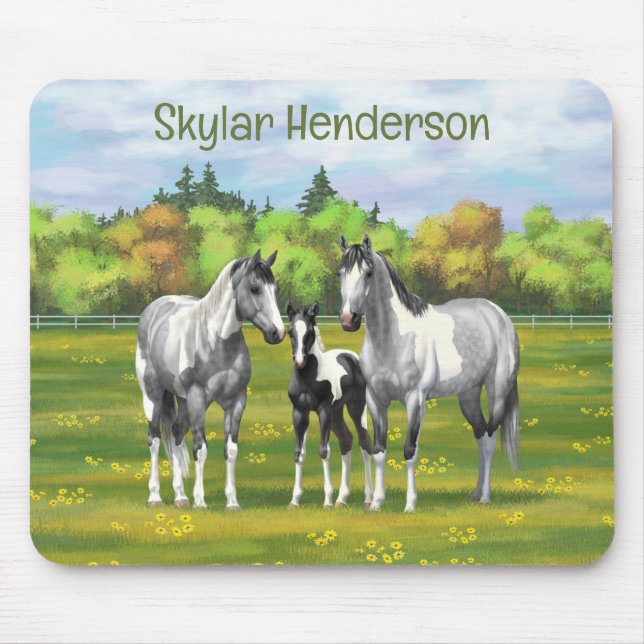 Dapple Grey Pinto Paint Horses In Summer Pasture Mouse Mat (Front)