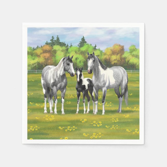 Dapple Grey Pinto Paint Horses In Summer Pasture Napkin (Front)