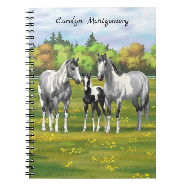 Dapple Grey Pinto Paint Horses In Summer Pasture Notebook (Front)
