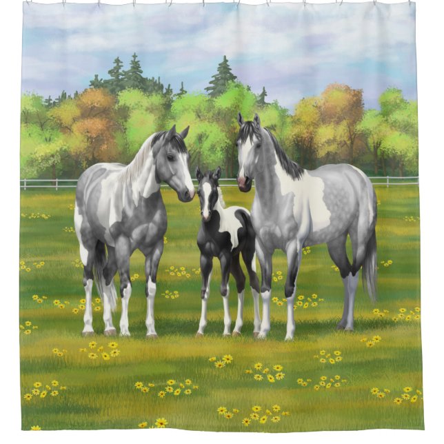 Dapple Grey Pinto Paint Horses In Summer Pasture Shower Curtain (Front)