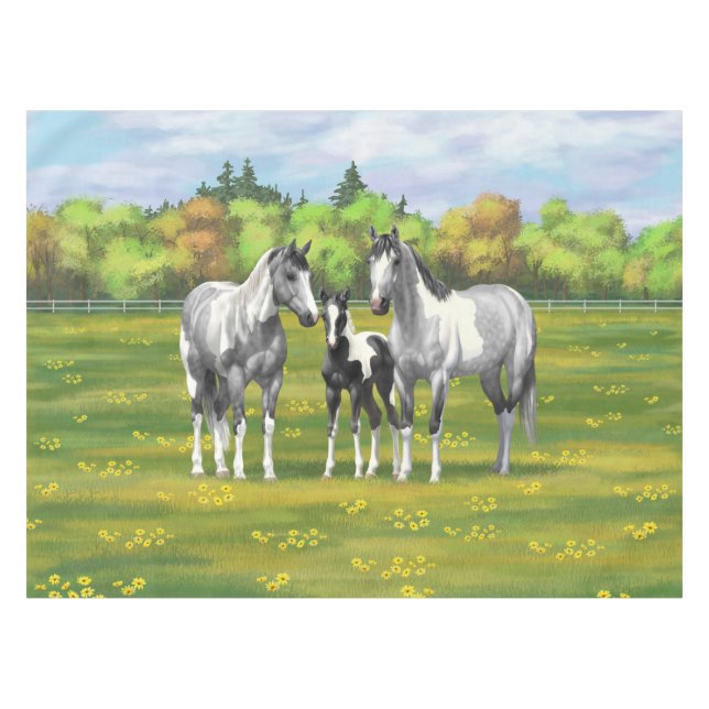 Dapple Grey Pinto Paint Horses In Summer Pasture Tablecloth (Front (Horizontal))