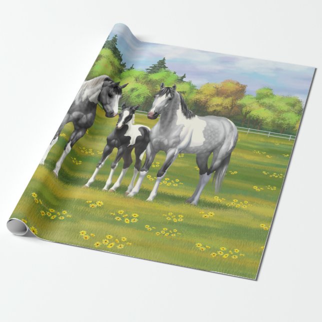 Dapple Grey Pinto Paint Horses In Summer Pasture Wrapping Paper (Unrolled)