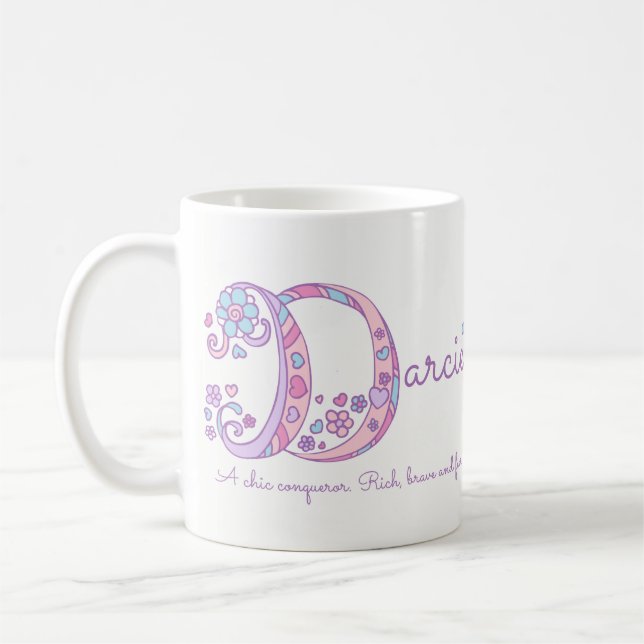 Darcie name meaning heart flower D monogram mug (Left)