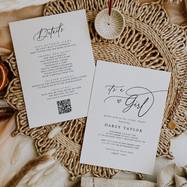 DARCY Classic Black White It's A Girl Baby Shower Invitation (DARCY Classic Black White It's A Girl Baby Shower Invitation)