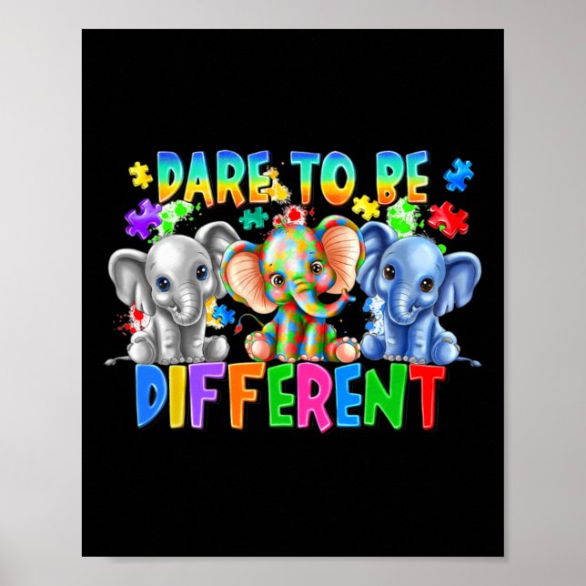 Dare To Be Different Cute Elephant Autism Awarenes Poster (Front)