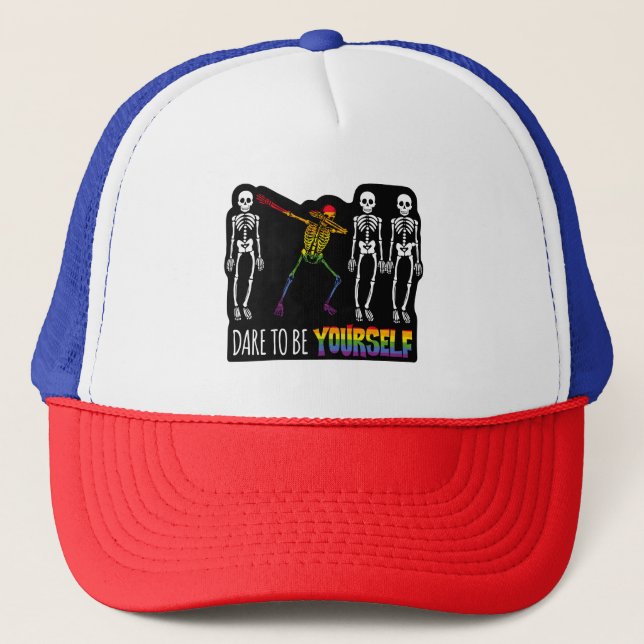 Dare To Be Yourself Halloween Dabbing Skeleton Trucker Hat (Front)
