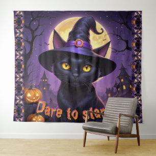 Dare To Stare Black Cat Witch Hat Orange Pumpkin  Tapestry