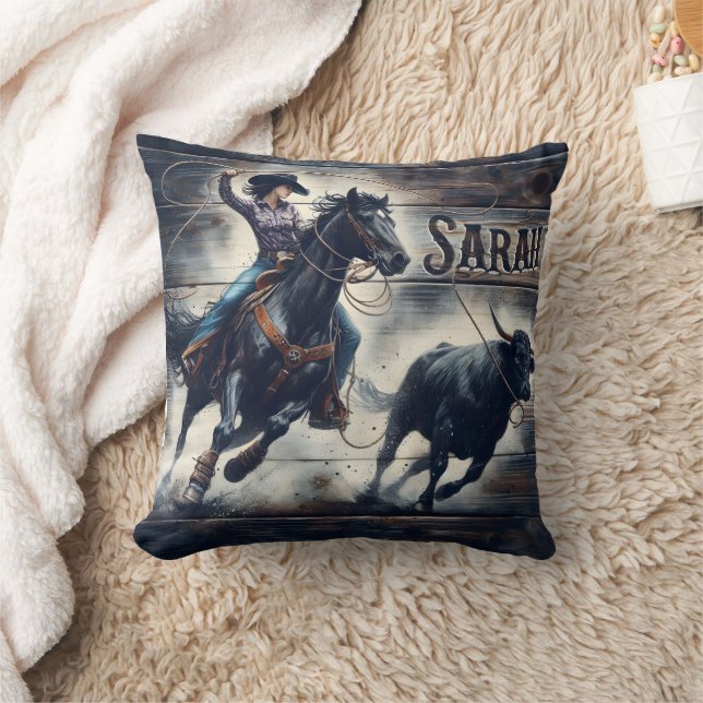 Daring Cowgirl Roping a Bull at the Rodeo Cushion (Blanket)