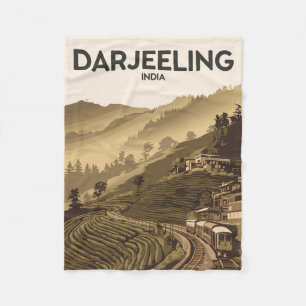 Darjeeling India Illustration Travel Art Vintage Fleece Blanket