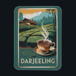 Darjeeling India Tea Travel Art Vintage Magnet<br><div class="desc">Darjeeling retro vector travel design. Darjeeling is a town in India's West Bengal state,  in the Himalayan foothills. It remains the terminus of the narrow-gauge Darjeeling Himalayan Railway. Famed for the distinctive black tea grown on plantations that dot its surrounding slopes.</div>