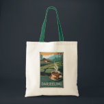 Darjeeling India Tea Travel Art Vintage Tote Bag<br><div class="desc">Darjeeling retro vector travel design. Darjeeling is a town in India's West Bengal state,  in the Himalayan foothills. It remains the terminus of the narrow-gauge Darjeeling Himalayan Railway. Famed for the distinctive black tea grown on plantations that dot its surrounding slopes.</div>