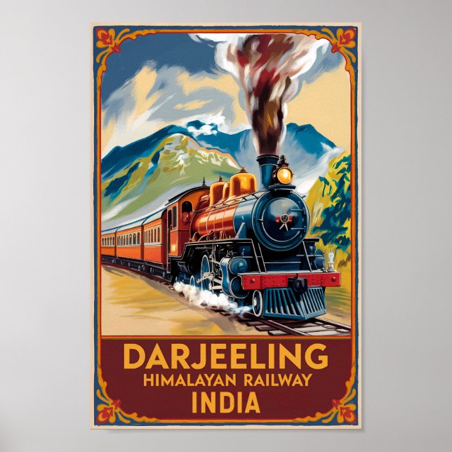 Darjeeling India Train Painterly Travel Art Retro Poster (Front)