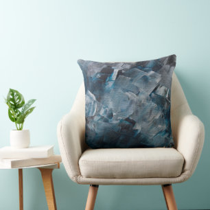 Dark Abstract Brushstrokes in Blue and Gray Tones Cushion