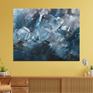 Dark Abstract Brushstrokes in Blue and Grey Tones Canvas Print