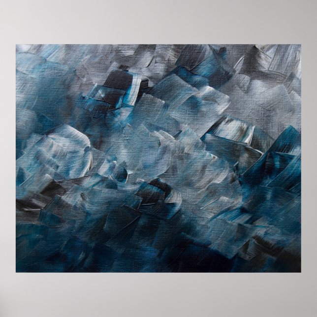 Dark Abstract Brushstrokes in Blue and Grey Tones Poster (Front)