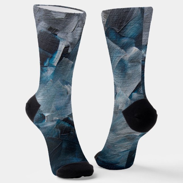 Dark Abstract Brushstrokes in Blue and Grey Tones Socks (Angled)